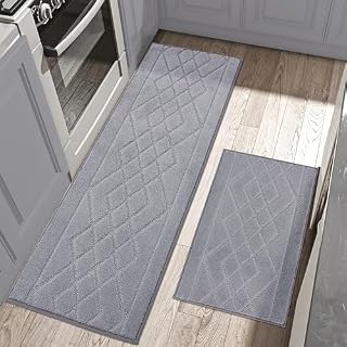 BEQHAUSE Kitchen-Rugs-Sets of 2 Non Slip Machine Washable Kitchen Mats Kitchen Runner Rug & Floor Mats Soft Standing Mats for Kitchen,Grey, 50X76cm+50X122cm