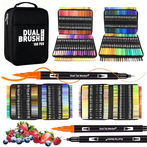Vakki 168 Colores Rotuladores Lettering, Pincel Rotulador Doble Punta, Rotuladores Punta Dual Tip Brush Pen para Lettering, Caligrafía, Dibujo, Bocetos
