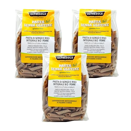 Oltresole, Pasta Italiana de Sorgo y Arroz Ecológico, Formato Penne, Mezcla de Harina Integral de Sorgo y Arroz Ecológico, Rica en Fibras y Nutrientes, Sin Gluten, Envase de 3 Paquetes de 350 g