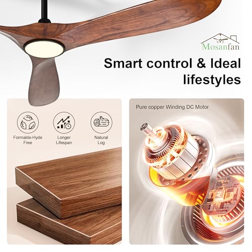Image of 60 Inch Ceiling Fans with Lights and Remote, Wood Outdoor Ceiling Fan with 6 Speed Noiseless DC Motor, Indoor Modern 3 Blade Propeller Ceiling Fan for Bedroom Living Room Gazebo Patio(Walnut)
