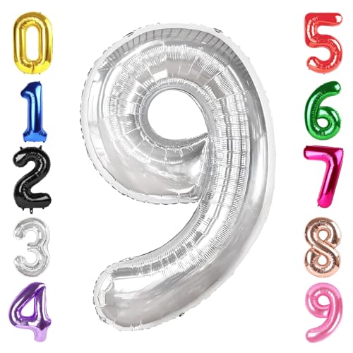 Image of 40 Inch Silver Number 9 Balloon Birthday Party Decorations for Men & Women | 40 Inch Silver inflatable foil number balloons, large birthday decorations for 9th birthday
