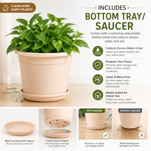 Image of 12 Inch Glossy Plastic Planter with Bottom Plate | Heavy Duty Flower Pot with Tray for Indoor Home Decor, Balcony, Living Room & Outdoor Garden (12 Pot, Blush Pink Sparkle)