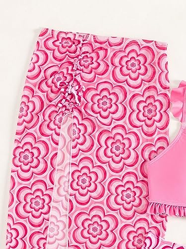 Image of WDIRARA Girl's 3 Piece Swimsuits Boho Floral Print Ruffle Trim Bikini Set with Split Beach Skirt