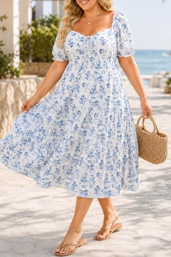 Image of Plus Size Summer Dresses - Sweetheart Neck Drawstring Puff Sleeve Casual Tiered Aline Flowy Midi Dress