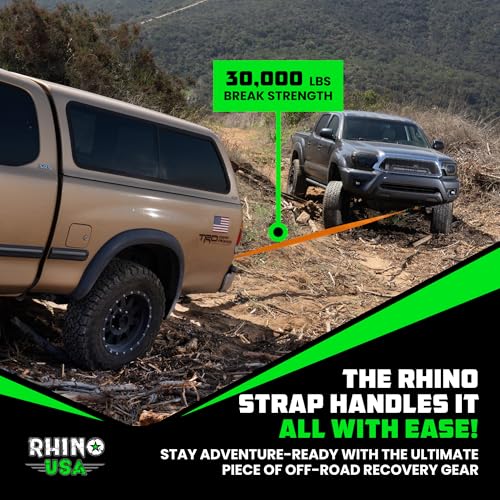 Image of Rhino USA Recovery Tow Strap (3 inchx20')- 31,518lb Break Strength- Emergency Recovery Strap Tow Rope for Truck, UTV, ATV & More- Heavy Duty Towing Strap for Offroad 4x4 Use- Compatible with Jeep (Orange)