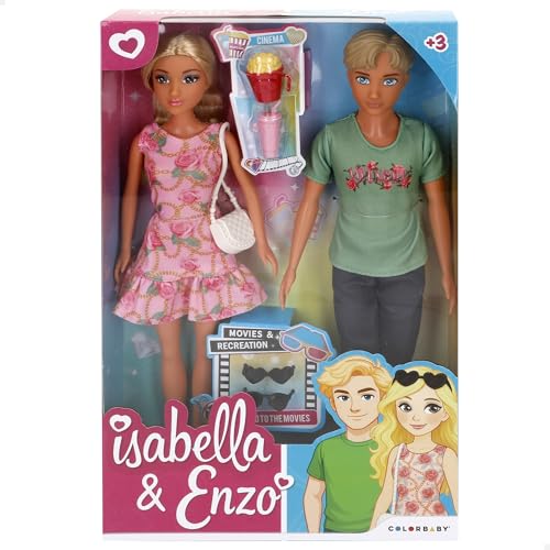 COLORBABY Isabella Set 2 muñecos articulados, 30 cm, Incluye Accesorios, Gafas de Sol, Bolso, Refresco, Cubo Palomitas, Muñecas para niñas y niños, Regalos +3 años (39412)