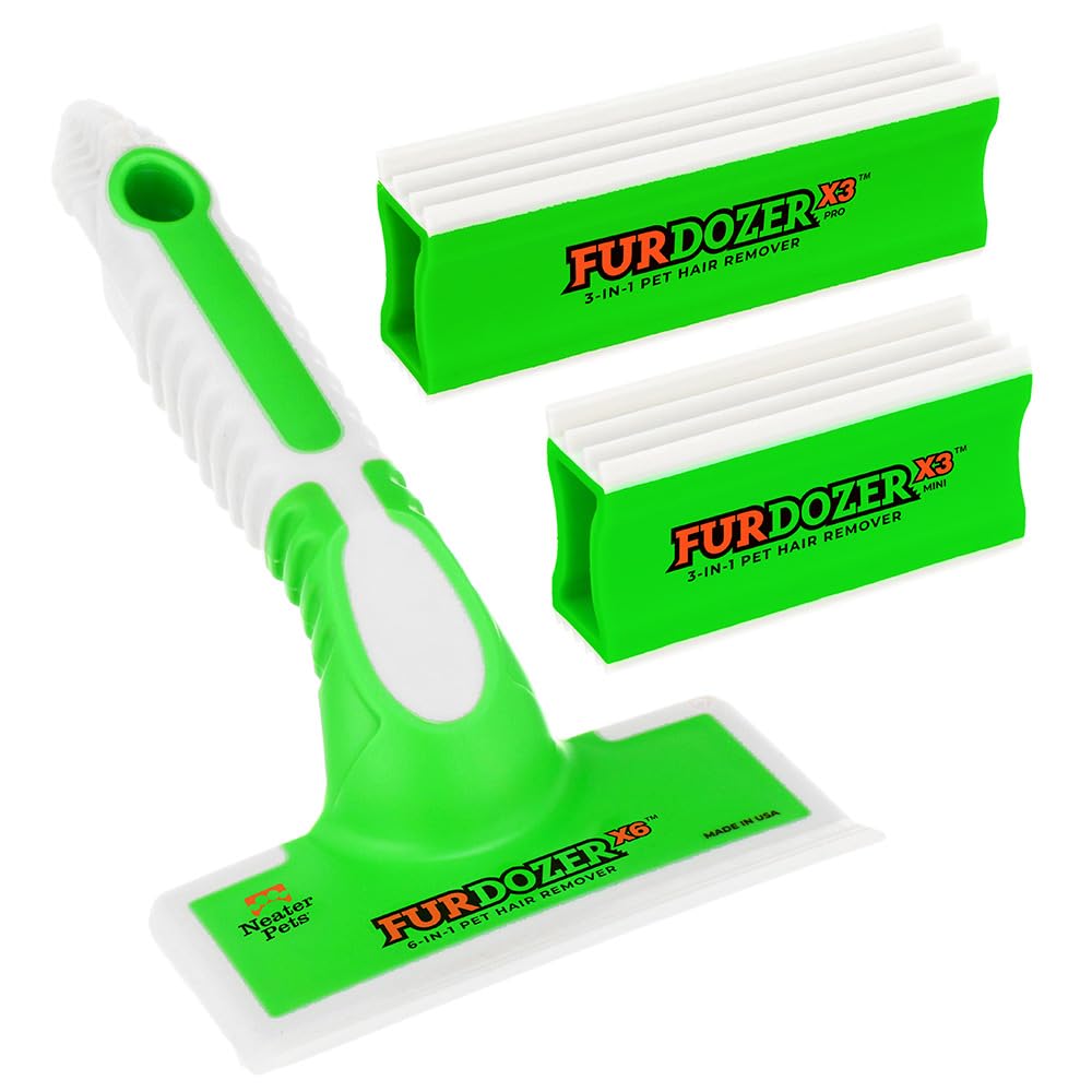 FurDozer Pet Hair Remover &amp; Auto Detailing Tools - Cat &amp; Dog Hair Remover for Carpets, Car Interiors, Couches, Bedding, &amp; Pet Furniture (Green, (3 Pack) - X6, X3 PRO, X3 MINI)