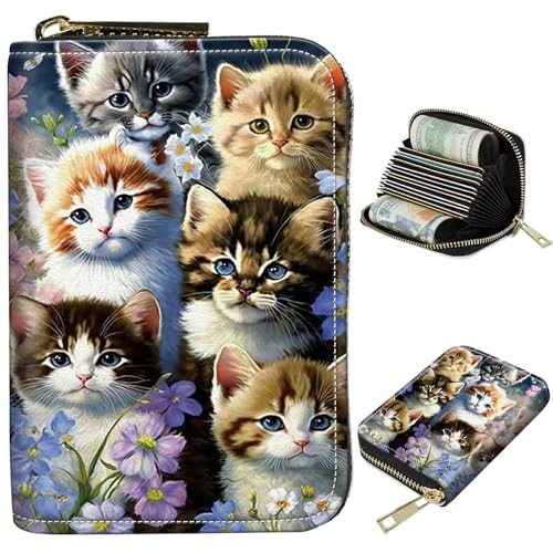 Image of Cute Credit Card Holder with Zipper, Cats Family RFID-Blocking Card Case Small Wallet for Women Men, Multi-slot Card Organizer Case Travel Accordion Wallet