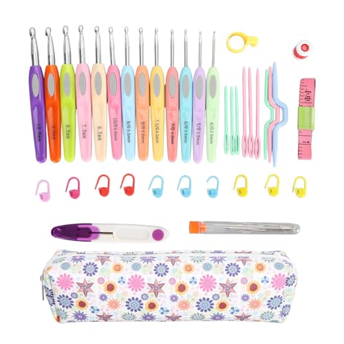 Juego de ganchos de croché de 2,5 mm a 10,0 mm, ganchos de croché ergonómicos multicolores con bolsa organizadora de PU, kit de agujas de croché de aluminio de 13 piezas para princ