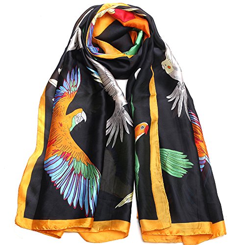 Nasoperfect Silk Feeling Scarf Large Headscarf Fashion Parrot Pattern Hair Wraps Soft Neck Scarves For Women Black 70" X 35" #TOP5