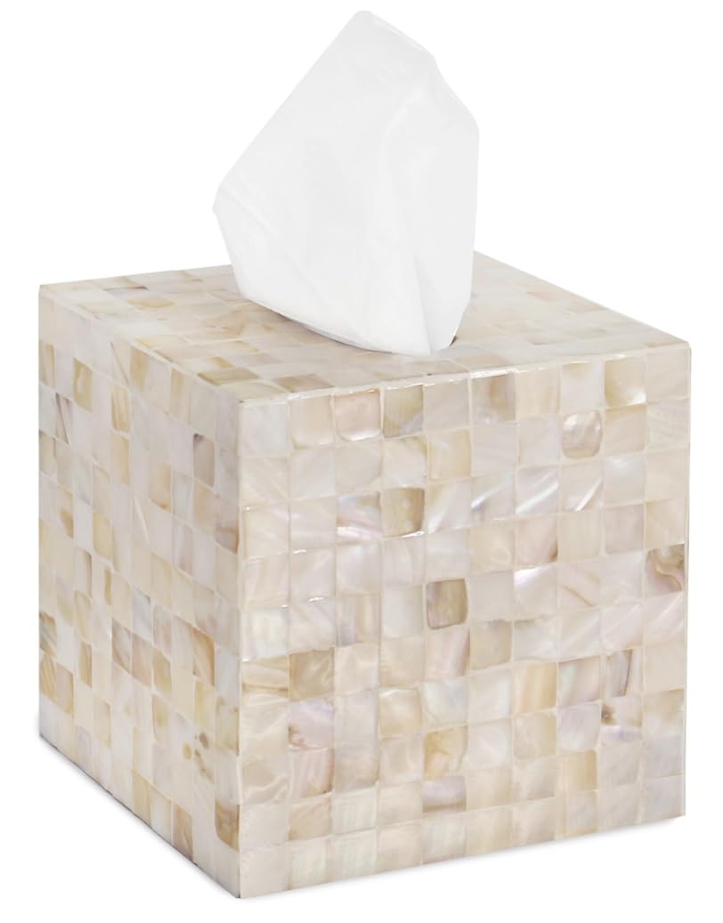 PEMAR 5.9″ Handmade Mother of Pearl Tissue Box Cover – Acacia Wood Cube, 5.35″ Interior Fits 5″ Square Boxes, Sliding Bottom, Pearly White Lacquer Rustic Farmhouse Decor