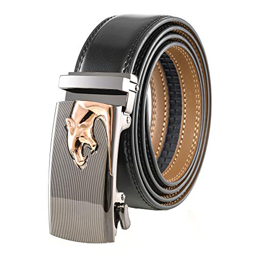 Men's Belt Comfort Leather Dress Luxury Gold/Silver Tiger Wolf Buckle 1 3/8" Adjustable Trim to Fit (X-Black-Gold, Waist Size 22" - 43")2