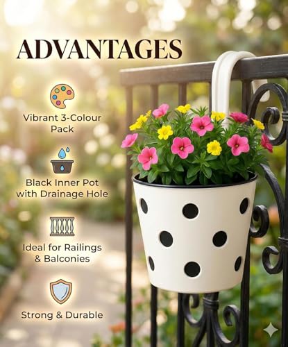 Image of Premium Polka Dot Hook Planter with Inner Pot | Sturdy Plastic Hanging Pots for Balcony Railings | Indoor & Outdoor Gardening (5 Pot, Multicolour)