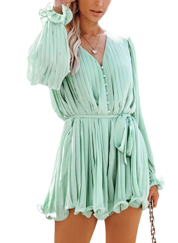 Dokotoo Womens 2023 Summer Buttons V Neck Tie Waist Flared Pleated Drape Long Sleeve Rompers Jumpsuits