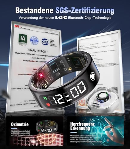 Image of 7.0 Smart Ring with LED Screen【5ATM Waterproof】【5.3+EDR Technology - 0.1%± Error】 Smart Ring for Men and Women to Monitor Sleep, Heart Rate, Black 13#