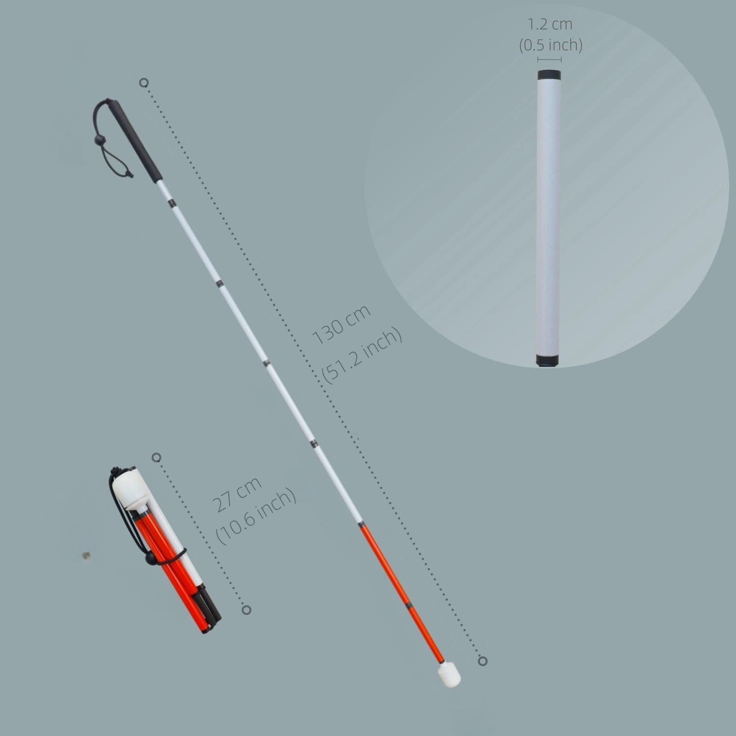 Canne pliante en fibre de carbone avec pointe roulante (une pointe supplémentaire incluse) – Canne blanche pour personnes malvoyantes et malvoyantes (se replie en 7 sections)
