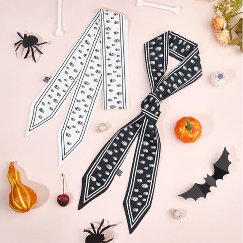 2Pcs 2 Colors Black White Skull Scarf Fashion Skeleton Pattern Neck Tie Neckerchief Versatile Handbag Handle Wrist Wrap Cover Skinny Soft Silk Headband Hair Head Scarves for Women Accessory3