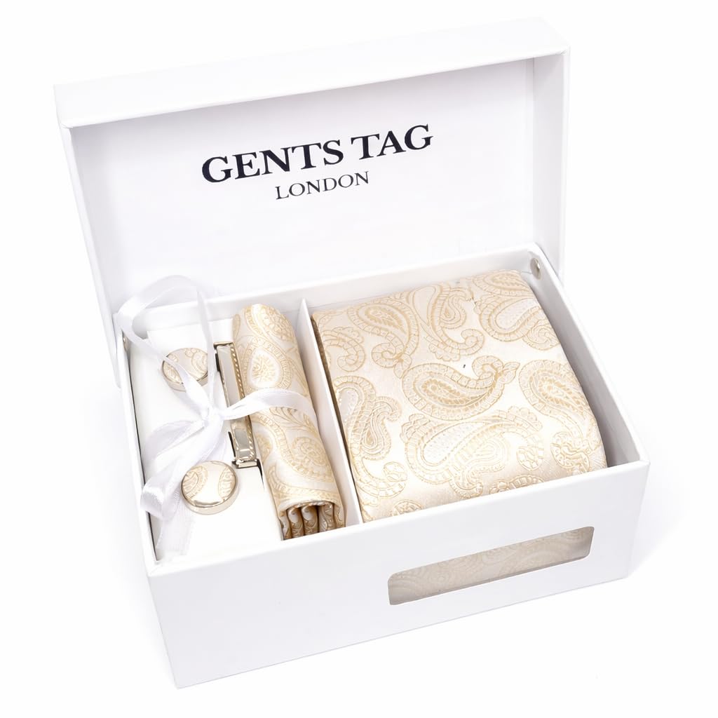 Men’s Tie and Pocket Square Set with Cufflinks, Tie Clip & Gift Box – Formal Necktie Set for Weddings, Office Wear & Gifts (Baige)