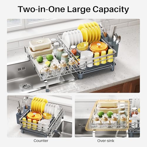 Image of Expandable Dish Drying Rack for Kitchen Counter, Stainless Steel, Silver | Foldable Over Sink, Large Capacity, Adjust to Fit Most Sinks, Angled Drainboard, Removable Utensil Holder, Slip Resistant