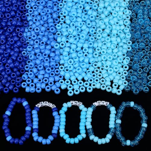 ZHIYUXI 1000PCS Blue Pony Beads Bulk for Bracelets Making 6x9mm 5style Blue Pony Kandi Bead for Crafts Making Hair Beads for Braids