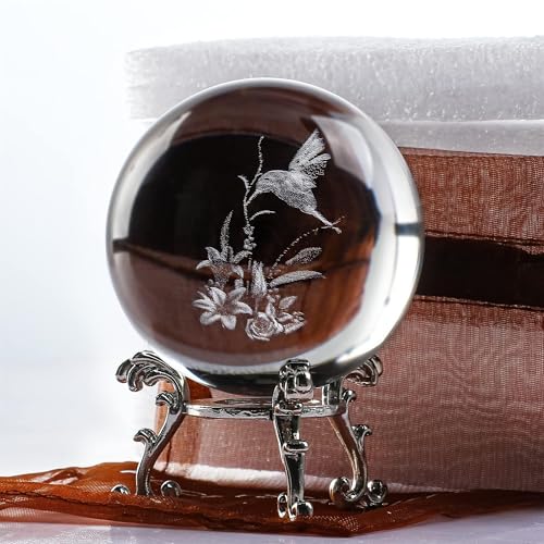 HDCRYSTALGIFTS 3D Hummingbird Crystal Ball Paperweight 60mm(2.3Inch) Laser Engraved Glass Sphere Display Globe Meditation Ball Home Decor with Metal Stand