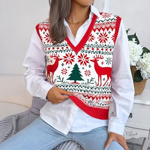 Image of JULYCLO Christmas Sweater Vest Women Ugly Xmas Reindeer Knit Sweaters Casual Santa Snowflake V Neck Sleeveless Outwear Tops