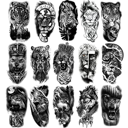 PADOUN Animal Temporary Tattoos, 15-Sheet Black Tiger Lion Wolf Totem Adult Tattoos Temporary, Fake Tattoos Men