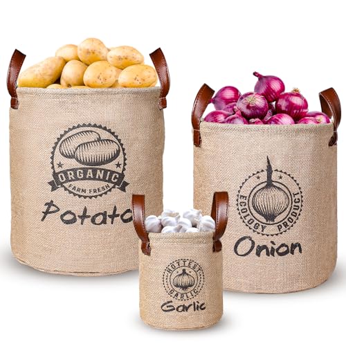 Kamehame Sac de conservation pour pommes de terre, oignons et ail 3 pièces, Sac de conservation ouvert pour pommes de terre et oignons avec poignée, Sac de...