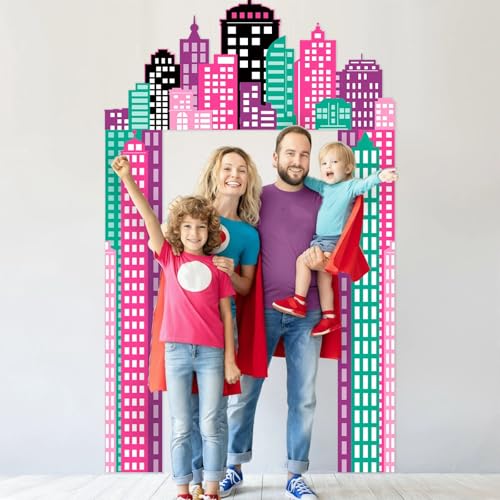 Image of Funrous Hero Party Door Banner Decor Hero Themed Porch Banner City Door Sign Set Cityscape Photo Booth Props Backdrops for Birthday Baby Shower Outdoor Indoor House Porch Decorations