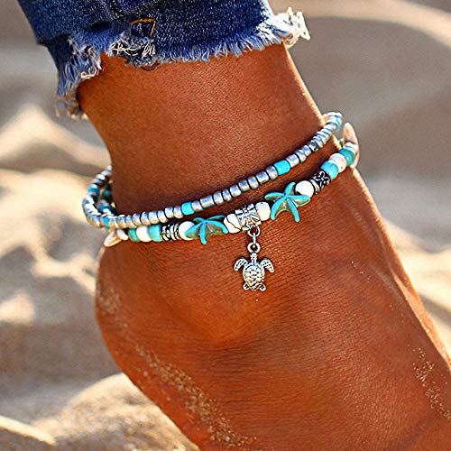 Image of Softones Blue Starfish Turtle Anklet Multilayer Charm Beads Sea Handmade Boho Anklet Foot Jewelry for Women