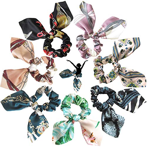 Silk Scrunchies for Hair Ponytail Holder - Accessories for Women Girls Vsco Stuff Bunny Ear Patterned Scarfs with Tail Ribbons Hair Ties Pastel Scrunchie Packs 2 by ASmileBox (7Pcs/7colors)