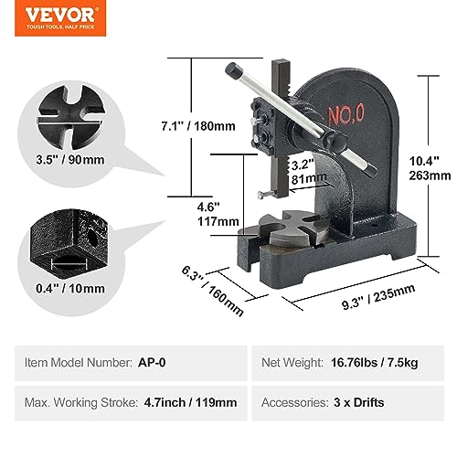 Image of VEVOR Arbor Press, 0.5 Ton Manual Arbor Press, 4.6 inch Maximum Height, Cast Iron Heavy-Duty Manual Desktop Arbor Press, Precision Hand Press for Stamping, Bending, Stretching, Forming