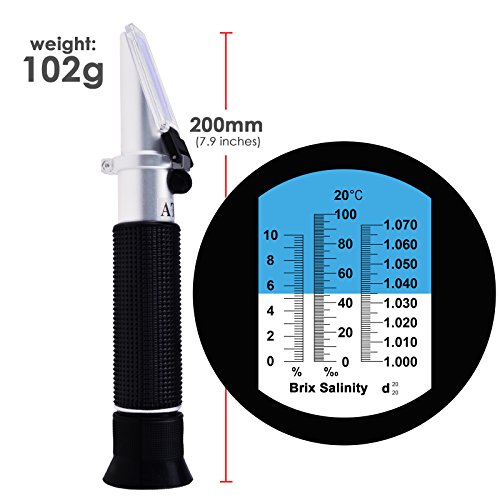 Tri-Skala Refraktometer ATC Brix 0-10% / Salzgehalt 0-100PPT / Spezifisches Gewicht 1.000-1.070, für Salzwasser Brackwasser Marine Reef Tank Salz Meerwasser Hydroponic Aquarium Control Monitoring