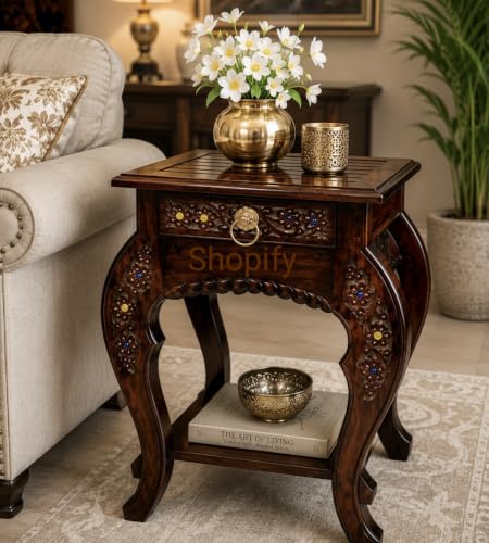 Image of Shopify Wooden Stool-Natural Wood Antique Look Side Table with Drawer for Living Room (Brown, 14 x 14 x 21 inch)