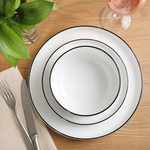 Image of Gibson Home Rothernberg Plates and Bowls 18 Piece Porcelain White Dinnerware Set W /Black Rim | Stackable Dishes | Microwave & Dishwasher Safe
