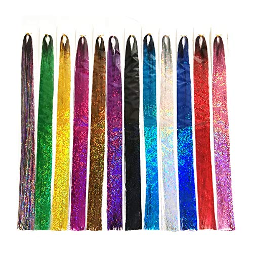 AllBeauty 48” Hair Tinsel 12 Colors 9000 Strands Sparkling Shiny Hair Flairs Extensions Party Highlights Glitter Extensions Multi-Colors Hair Streak Synthetic Hairpieces (12 Colors/Pack)