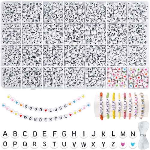 I LOVE MOM 2000 Stück Perlen zum Auffädeln Buchstabenperlen A bis Z Schwarz Bunt Herzperlen Alphabet Perlen für Armbänder für DIY Armbänder Bastelset Schmuckherstellung