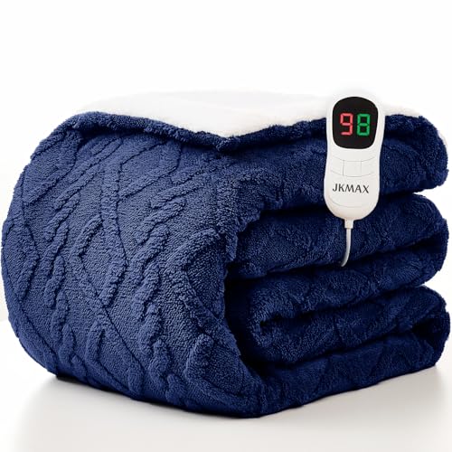 JKMAX Heated Electric Blanket Twin Size-62"x84" Heating Blanket with 10 Heating Levels & 5 Time Settings Over-Heat Protection,Winter Warmer for Adults with ETL Certification(Navy Blue)
