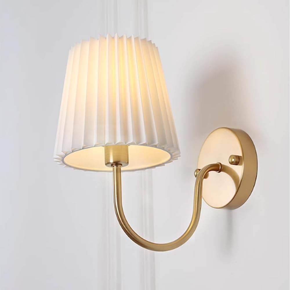 Aplique de Pared de Tela Plisada, lámpara Industrial Retro, candelabro de Metal con Acabado Dorado, portalámparas E14, lámparas de diseño de Mediados de Siglo para mesita de Noche