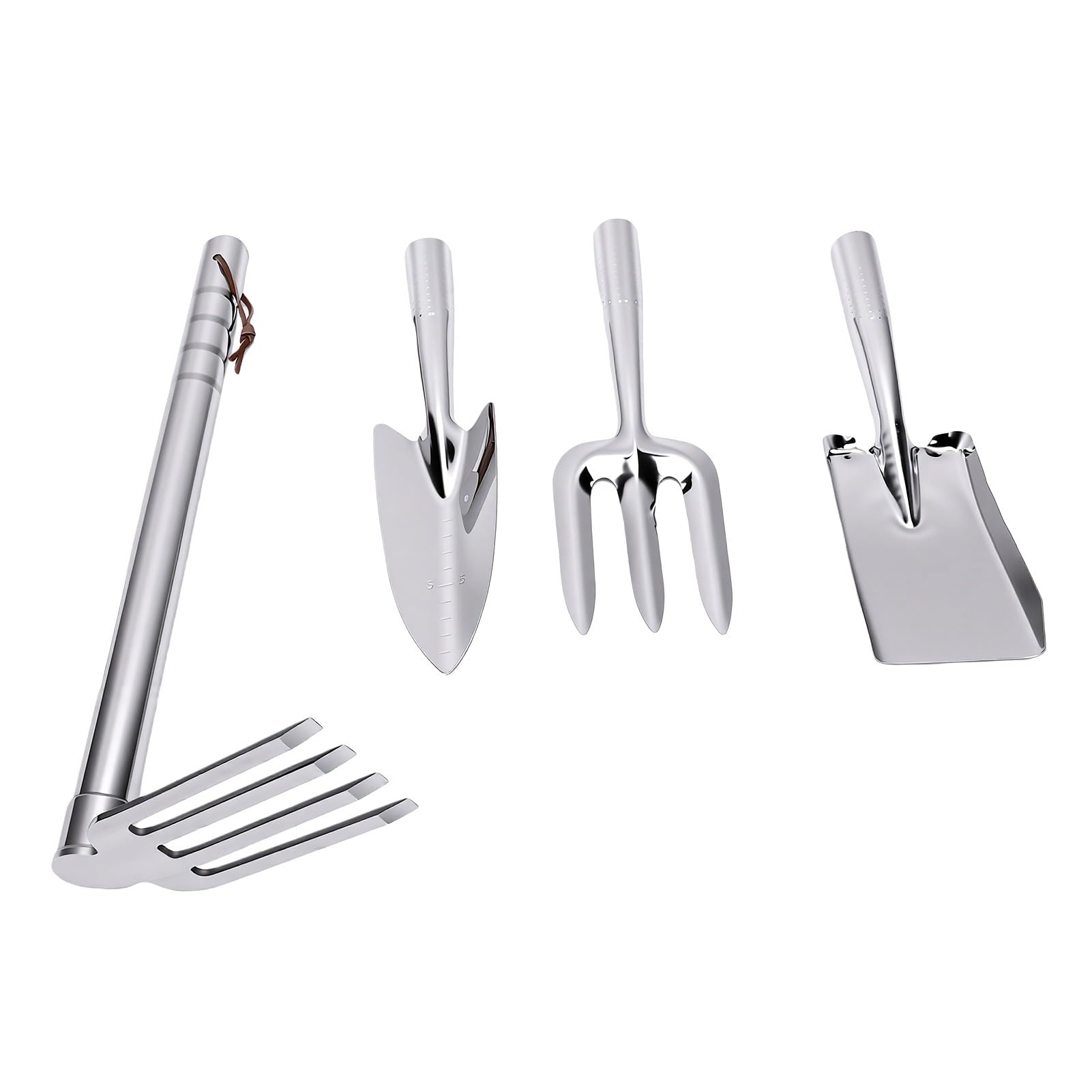 Bewinner Set di Attrezzi da Giardino in Acciaio Inossidabile da 4 Pezzi con Rastrello a 4 Denti, Set di Pala a Cazzuola a Mano per Diserbo, Piantagione, Scavo del Terreno, Compatto e Portatile