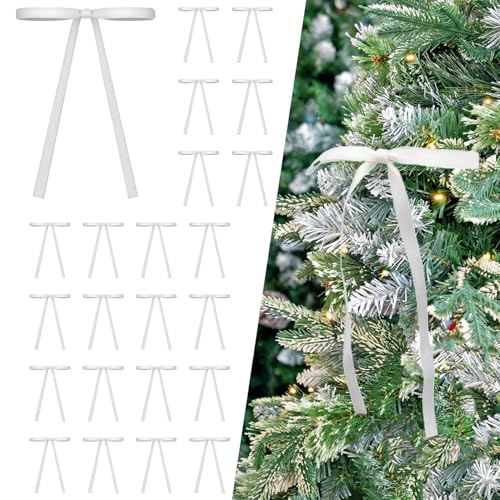 Image of 24 Pcs White Velvet Bows Ornaments for Christmas Tree, Vintage Rustic Elegant Velvet Christmas Bows Tree Decorations, Indoor Home Decor for Wreath Mantle Gift Wrap Holiday Decor, 3 /8'' W, 5 * 7 inch