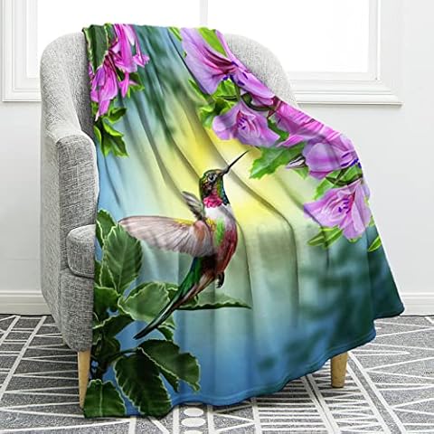 Jekeno Hummingbird Floral Blanket Gifts for Women Kids Girls Mom Wife Birthday Mother's Day Presents Home Bedroom Pink Flowers Bird Decor Soft Cozy Lightweight Plush Throw Blanket 50"x60" Cover