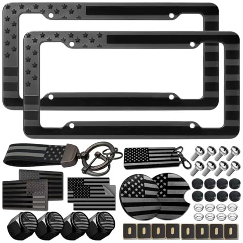 FBJTDQ American Flag License Plate Frames - 2 Pack Black Plastic Patriotic USA Car Tag Holder 3D Embossed Stars & Stripes Frame with Cup Holder Mats & Keychain