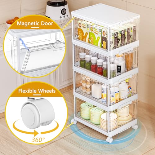 Image of SNSLXH Portable Clear Storage Bins with Lid & Wheels, 24QT Clear Storage Bins with Lid, 4-Tier Plastic Bins with Wheels, Stackable, Magnetic Doors, for Bedroom, Living Room, Office