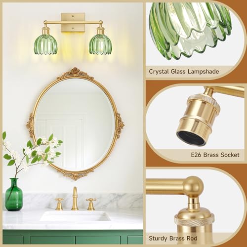 Image of Bathroom Lights Over Mirror,2-Light Vintage Vanity Light Fixtures,Retro Brass Bathroom Light, Flower Wall Sconce With Green Tulip Glass Shade For Bedroom, Living Room, Dressing Table, E26 Base