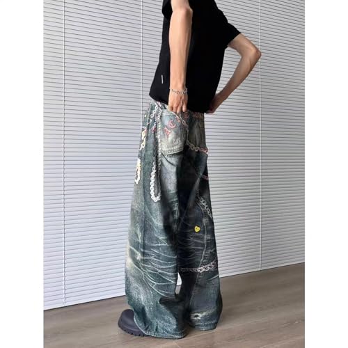 Men's Retro high Street Hip-hop Chain Printed Jeans Punk Y2K high Waist Wide Leg Harajuku Hip-hop Pants4