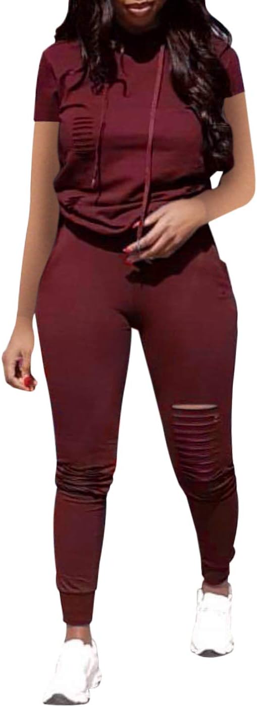 Women Casual 2 Piece Sport Outfits Short Sleeve Ripped Hole Pullover Hoodie Sweatpants Set Jumpsuits