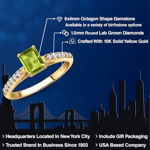 Gem Stone King 10K Yellow Gold Green Peridot and Lab Grown Diamond Engagement Ring For Women | 0.78 Cttw | Emerald Cut 6X4MM | Gemstone August Birthstone | Available in Size 5,6,7,8,92