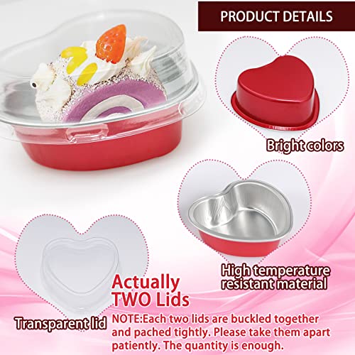 30 Pcs Aluminum Foil Heart Cake Pan, Valentine Disposable Mini Cake Pans With Lids 100 Ml/ 3.4 Oz, Cupcake Baking Cups Ramekins Containers For Mother's Day Valentine Birthday Wedding Baking Supplies #TOP2