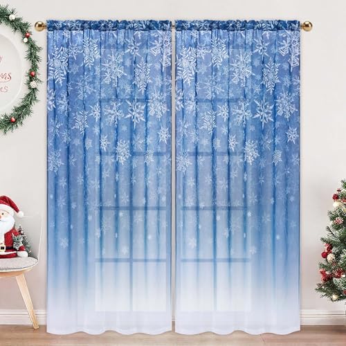 Yinhua Christmas Sheer Curtains 84 Inches Long 2 Panels Set, Snowflake Blue Sheer Curtains for Living Room Bedroom, Light Filtering Rod Pocket Semi Windouw Curtain Drapes for Xmas Winter, 52'x 84'